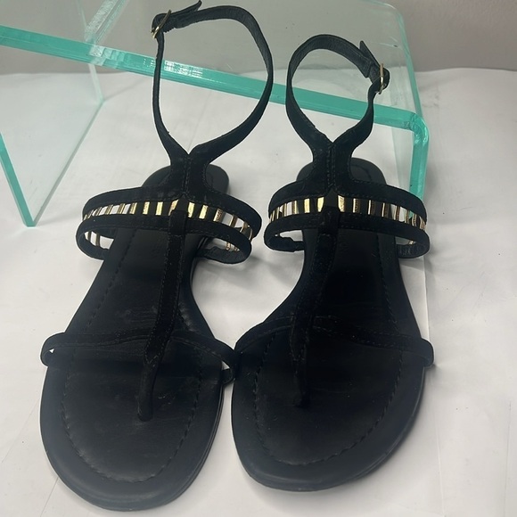 Sigerson Morrison Sz 6 Black Suede Gold Leather TStrap Ankle Strap Flat Sandals - Picture 8 of 11